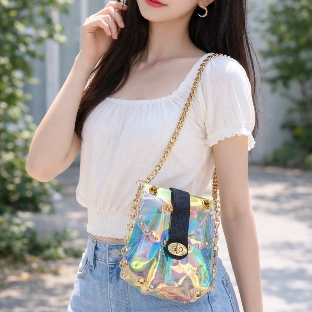 Iridescent Clear Crossbody Bag with Gold Chain